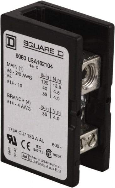 Square D - 1 Pole, 135 (Aluminium), 175 (Copper) Amp, Phenolic Power Distribution Block - 600 VAC, 1 Primary Connection - USA Tool & Supply