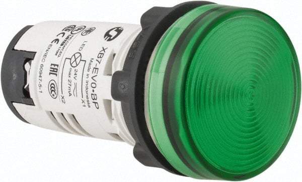 Schneider Electric - 24 V Green Lens LED Pilot Light - Round Lens, Screw Clamp Connector, 29mm Wide - USA Tool & Supply