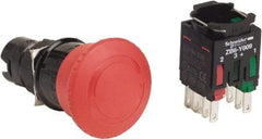 Schneider Electric - 16mm Mount Hole, Extended Mushroom Head, Pushbutton Switch with Contact Block - Round, Red Pushbutton, Maintained (MA), Momentary (MO) - USA Tool & Supply