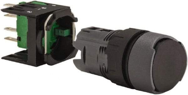 Schneider Electric - 16mm Mount Hole, Flush, Pushbutton Switch with Contact Block - Round, Black Pushbutton, Momentary (MO) - USA Tool & Supply