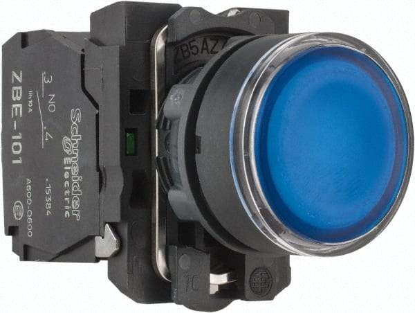 Schneider Electric - 22mm Mount Hole, Flush, Pushbutton Switch with Contact Block - Round, Blue Pushbutton, Illuminated, Momentary (MO) - USA Tool & Supply