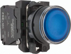 Schneider Electric - 22mm Mount Hole, Flush, Pushbutton Switch with Contact Block - Round, Blue Pushbutton, Illuminated, Momentary (MO) - USA Tool & Supply