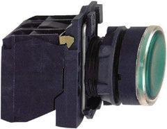 Schneider Electric - 22mm Mount Hole, Flush, Pushbutton Switch with Contact Block - Round, Green Pushbutton, Illuminated, Momentary (MO) - USA Tool & Supply