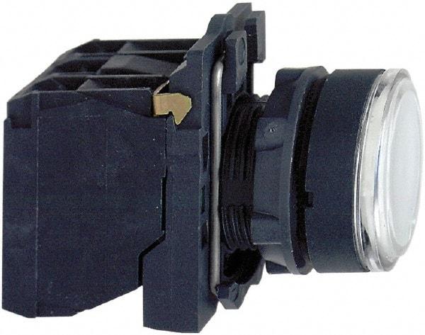 Schneider Electric - 22mm Mount Hole, Flush, Pushbutton Switch with Contact Block - Round, White Pushbutton, Illuminated, Momentary (MO) - USA Tool & Supply