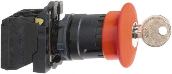 Schneider Electric - 22mm Mount Hole, Extended Mushroom Head, Pushbutton Switch with Contact Block - Round, Red Pushbutton, Maintained (MA), Momentary (MO) - USA Tool & Supply