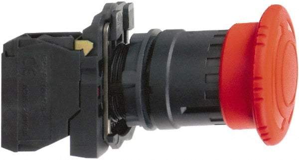 Schneider Electric - 22mm Mount Hole, Extended Mushroom Head, Pushbutton Switch with Contact Block - Round, Red Pushbutton, Maintained (MA), Momentary (MO) - USA Tool & Supply