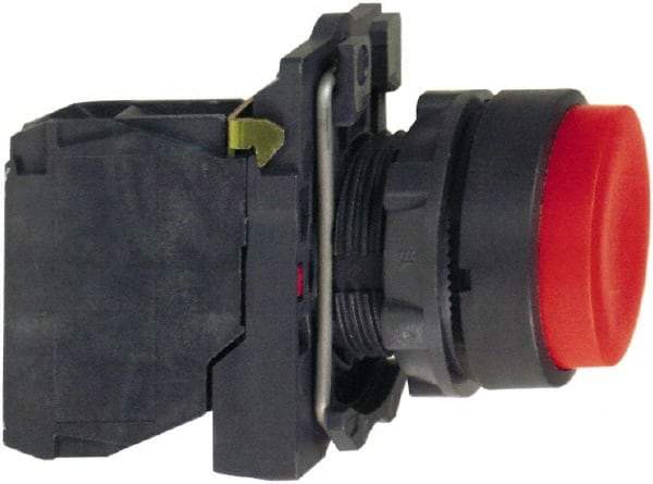 Schneider Electric - 22mm Mount Hole, Extended Straight, Pushbutton Switch with Contact Block - Round, Red Pushbutton, Momentary (MO) - USA Tool & Supply