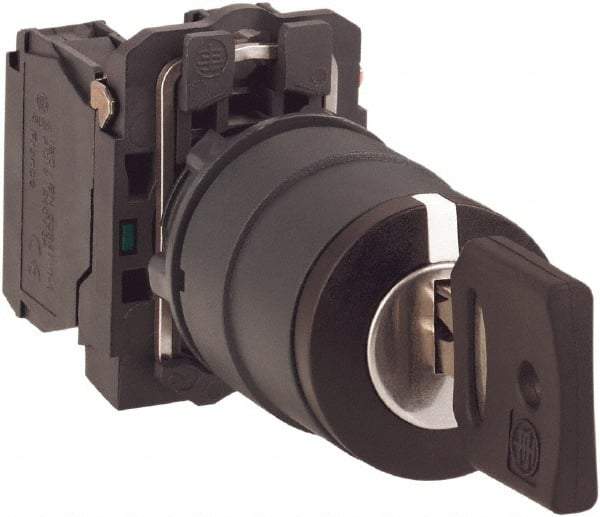 Schneider Electric - 22mm Mount Hole, 3 Position, Key Operated, Selector Switch with Contact Blocks - Maintained (MA), 2NO, Shock, Vibration and Water Resistant - USA Tool & Supply