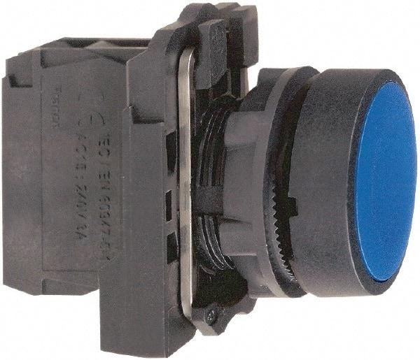 Schneider Electric - 22mm Mount Hole, Flush, Pushbutton Switch with Contact Block - Round, Blue Pushbutton, Momentary (MO) - USA Tool & Supply