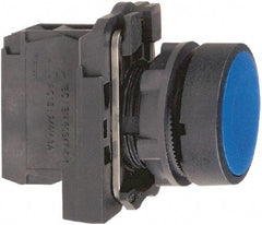 Schneider Electric - 22mm Mount Hole, Flush, Pushbutton Switch with Contact Block - Round, Blue Pushbutton, Momentary (MO) - USA Tool & Supply