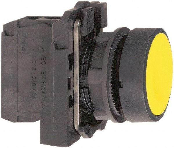 Schneider Electric - 22mm Mount Hole, Flush, Pushbutton Switch with Contact Block - Round, Yellow Pushbutton, Momentary (MO) - USA Tool & Supply