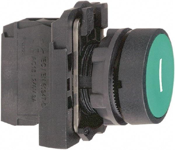 Schneider Electric - 22mm Mount Hole, Flush, Pushbutton Switch with Contact Block - Round, Green Pushbutton, Momentary (MO) - USA Tool & Supply