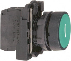 Schneider Electric - 22mm Mount Hole, Flush, Pushbutton Switch with Contact Block - Round, Green Pushbutton, Momentary (MO) - USA Tool & Supply