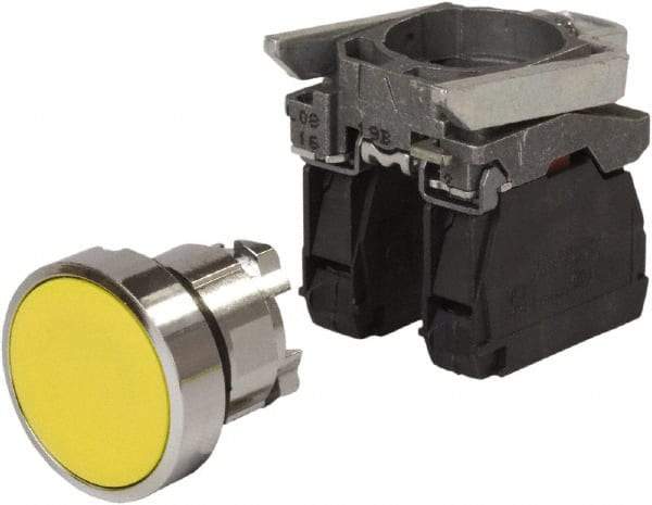Schneider Electric - 0.87 Inch Mount Hole, Pushbutton Switch with Contact Block - Round, Yellow Pushbutton, Nonilluminated, Momentary (MO), Anticorrosive, Dust Resistant and Vaportight - USA Tool & Supply