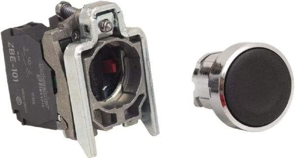 Schneider Electric - 22mm Mount Hole, Pushbutton Switch with Contact Block - Round, Black Pushbutton, Nonilluminated, Momentary (MO), Anticorrosive, Dust Resistant and Vaportight - USA Tool & Supply
