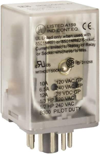 Square D - 1/2 hp at 240 Volt & 1/3 hp at 120 Volt, Octal Electromechanical Plug-in General Purpose Relay - 6.6 Amp at 240 VAC, 3PDT, 24 VAC at 50/60 Hz - USA Tool & Supply