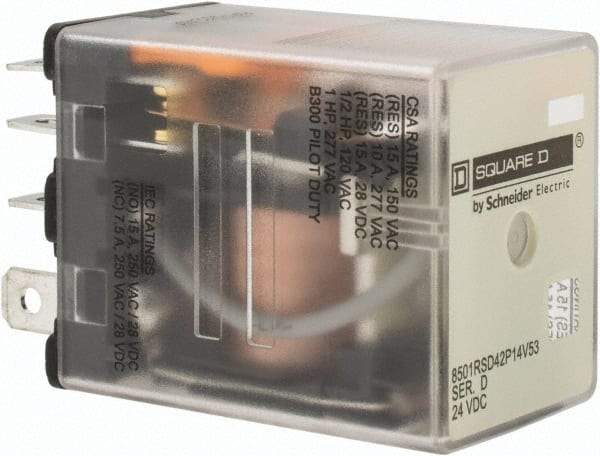 Square D - Electromechanical Plug-in General Purpose Relay - 10 Amp at 240 VAC, DPDT, 24 VDC - USA Tool & Supply