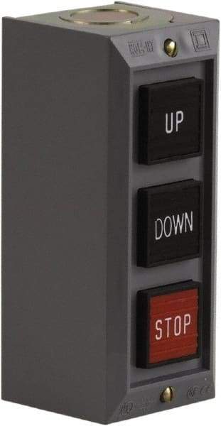Schneider Electric - 3 Operator, Projecting Pushbutton Control Station - Down, Stop, Up (Legend), Momentary Switch, 2NO/3NC Contact, NEMA 1 - USA Tool & Supply