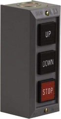 Schneider Electric - 3 Operator, Projecting Pushbutton Control Station - Down, Stop, Up (Legend), Momentary Switch, 2NO/3NC Contact, NEMA 1 - USA Tool & Supply