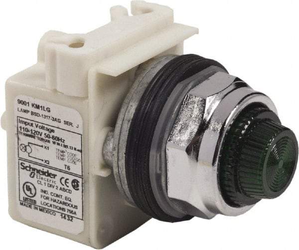 Schneider Electric - 120 VAC Green Lens LED Pilot Light - Round Lens, Screw Clamp Connector - USA Tool & Supply