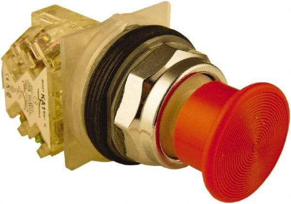 Schneider Electric - 30mm Mount Hole, Extended Mushroom Head, Pushbutton Switch with Contact Block - Round, Red Pushbutton, Momentary (MO) - USA Tool & Supply
