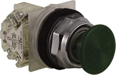 Schneider Electric - 30mm Mount Hole, Extended Straight, Pushbutton Switch with Contact Block - Green Pushbutton, Momentary (MO) - USA Tool & Supply