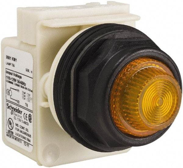 Schneider Electric - 110 VAC at 50/60 Hz via Transformer, 120 VAC at 50/60 Hz via Transformer Amber Lens Indicating Light - Round Lens, Screw Clamp Connector, Corrosion Resistant, Dust Resistant, Oil Resistant - USA Tool & Supply