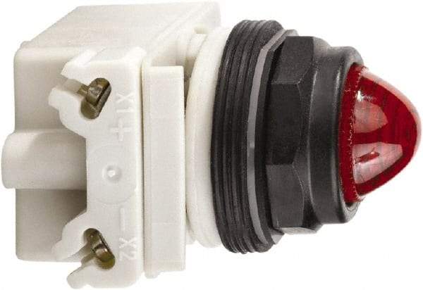 Schneider Electric - 120 VAC/VDC Red Lens LED Pilot Light - Round Lens, Screw Clamp Connector, 54mm OAL x 42mm Wide, Vibration Resistant - USA Tool & Supply