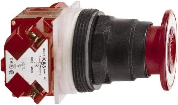 Schneider Electric - 30mm Mount Hole, Extended Mushroom Head, Pushbutton Switch with Contact Block - Round, Red Pushbutton, Maintained (MA) - USA Tool & Supply