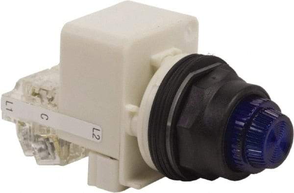 Schneider Electric - 120 V Blue Lens LED Pilot Light - Round Lens, Screw Clamp Connector, 54mm OAL x 42mm Wide, Vibration Resistant - USA Tool & Supply