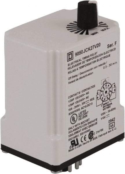 Square D - 0.3 to 30 min Delay, DPDT Time Delay Relay - 10 Contact Amp, 110 VDC & 120 VAC - USA Tool & Supply