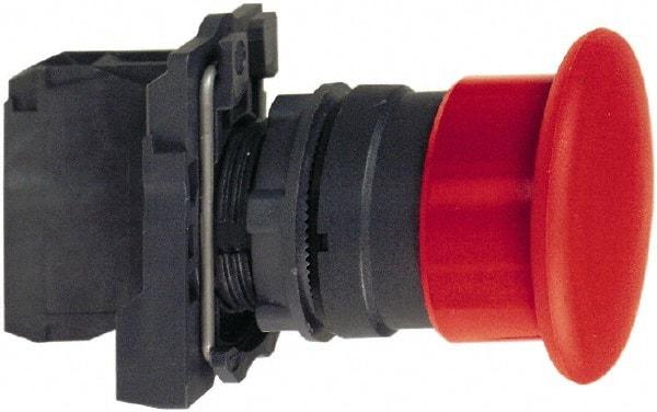 Schneider Electric - 22mm Mount Hole, Extended Mushroom Head, Pushbutton Switch with Contact Block - Round, Black Pushbutton, Momentary (MO) - USA Tool & Supply