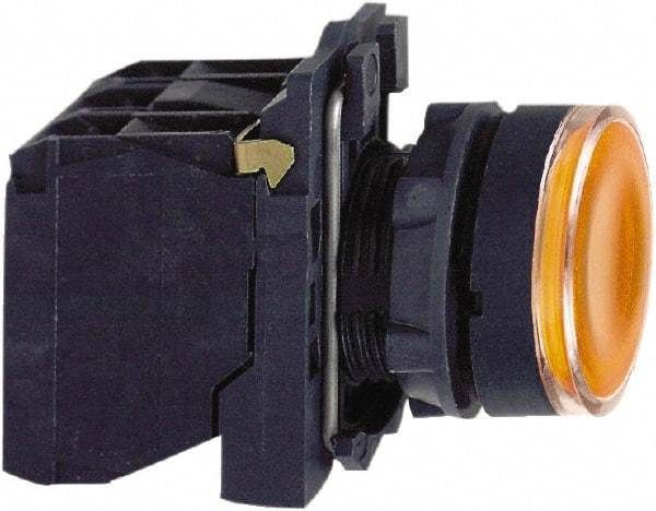 Schneider Electric - 22mm Mount Hole, Flush, Pushbutton Switch with Contact Block - Round, Orange Pushbutton, Illuminated, Momentary (MO) - USA Tool & Supply