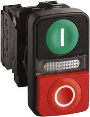 Schneider Electric - 22mm Mount Hole, Extended Straight, Flush, Pushbutton Switch Only - Rectangle, Green and Red Pushbutton, Illuminated, Momentary (MO), On-Off, Shock and Vibration Resistant - USA Tool & Supply
