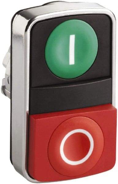 Schneider Electric - 22mm Mount Hole, Extended Straight, Flush, Pushbutton Switch Only - Rectangle, Green and Red Pushbutton, Nonilluminated, Momentary (MO), On-Off, Shock and Vibration Resistant - USA Tool & Supply