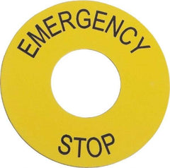 Schneider Electric - Round, PVC Legend Plate - Emergency Stop - Yellow Background, 60mm Hole Diameter - USA Tool & Supply
