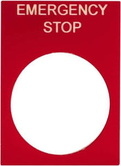Schneider Electric - Rectangular, PVC Legend Plate - Emergency Stop - Red Background, White Letters, 22mm Hole Diameter, 30mm Wide x 40mm High - USA Tool & Supply