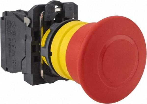 Schneider Electric - 22mm Mount Hole, Extended Mushroom Head, Pushbutton Switch Only - Round, Red Pushbutton, Nonilluminated, Trigger Action, Off, Shock and Vibration Resistant - USA Tool & Supply