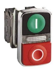 Schneider Electric - 22mm Mount Hole, Extended Straight, Flush, Pushbutton Switch Only - Rectangle, Green and Red Pushbutton, Illuminated, Momentary (MO), On-Off, Shock and Vibration Resistant - USA Tool & Supply