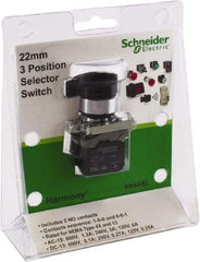 Schneider Electric - 22mm Mount Hole, 3 Position, Lever Operated, Selector Switch with Contact Blocks - Black, Maintained (MA), Nonilluminated, 1 Contact Block, 2NO - USA Tool & Supply