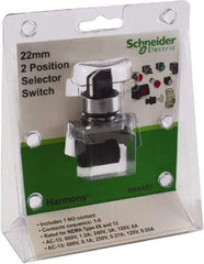 Schneider Electric - 22mm Mount Hole, 2 Position, Lever Operated, Selector Switch with Contact Blocks - Black, Maintained (MA), Nonilluminated, 1 Contact Block - USA Tool & Supply