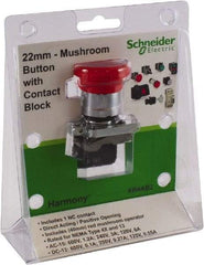 Schneider Electric - 22mm Mount Hole, Extended Mushroom Head, Pushbutton Switch with Contact Block - Round, Red Pushbutton, Nonilluminated - USA Tool & Supply