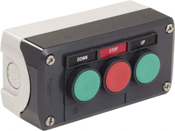 Schneider Electric - 3 Operator, Flush Pushbutton Control Station - Up-Stop-Down (Legend), Momentary Switch, 2NO/NC Contact, NEMA 13, 4X - USA Tool & Supply