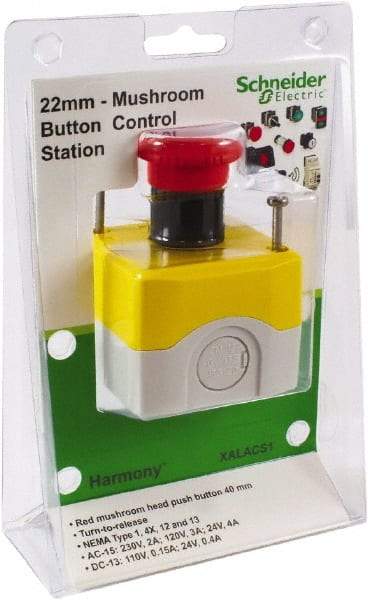 Schneider Electric - 1 Operator, Mushroom Head Control Station - No Legend, Turn to Release Switch, NC Contact, NEMA 1, 12, 13, 3, 3R, 4 - USA Tool & Supply