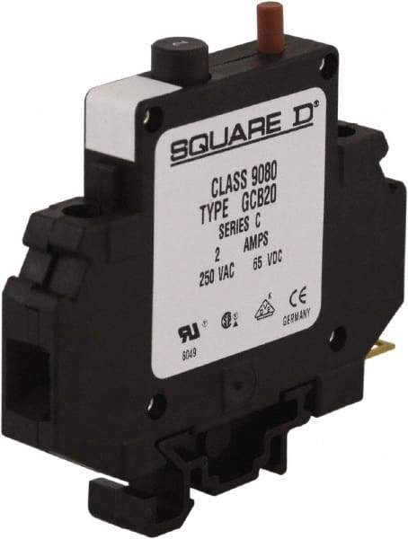 Square D - 2 Amp, 250 VAC, 65 VDC, 1 Pole, DIN Rail Mount Circuit Protector - Thermal Magnetic Trip, 16-10 AWG, 64mm Deep x 80mm High x - USA Tool & Supply