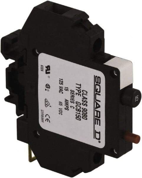 Square D - 15 Amp, 125 VAC, 65 VDC, 1 Pole, DIN Rail Mount Circuit Protector - Thermal Magnetic Trip, 16-10 AWG, 64mm Deep x 80mm High x - USA Tool & Supply