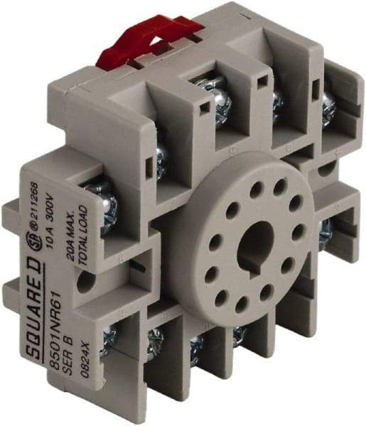 Square D - 11 Pins, 300 VAC, 10 Amp (CSA) and 15 Amp (UL), Octal Relay Socket - DIN Rail Mount, Panel Mount, 1 Tier, Screw Terminal - USA Tool & Supply