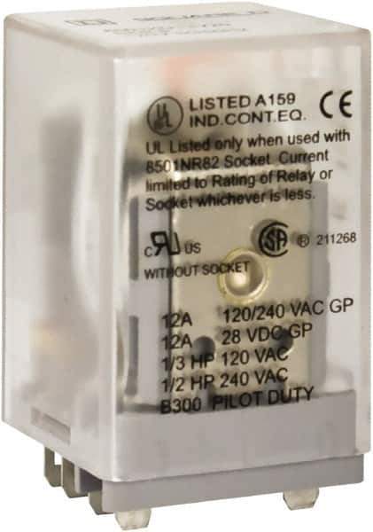 Square D - 8 Pins, 1 hp at 277 Volt & 1/3 hp at 120 Volt, 3 VA Power Rating, Square Electromechanical Plug-in General Purpose Relay - 10 Amp at 250 VAC, DPDT, 120 VAC at 50/60 Hz, 34.9mm Wide x 50mm High x 35.4mm Deep - USA Tool & Supply