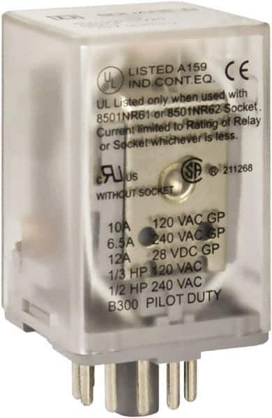 Square D - 8 Pins, 1 hp at 277 Volt & 1/3 hp at 120 Volt, 3 VA Power Rating, Octal Electromechanical Plug-in General Purpose Relay - 10 Amp at 250 VAC, DPDT, 48 VDC, 34.9mm Wide x 50.3mm High x 35.4mm Deep - USA Tool & Supply