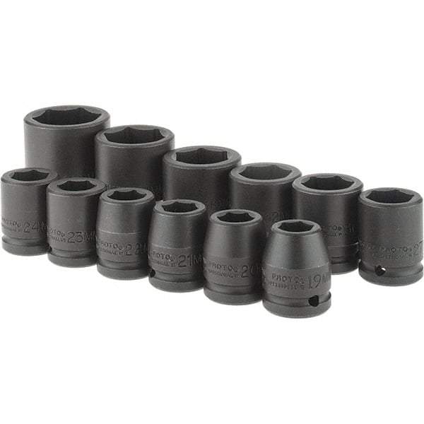Proto - 12 Piece 3/4" Drive Black Finish Impact Socket Set - 6 Points, 19mm to 46mm Range, Metric Measurement Standard - USA Tool & Supply